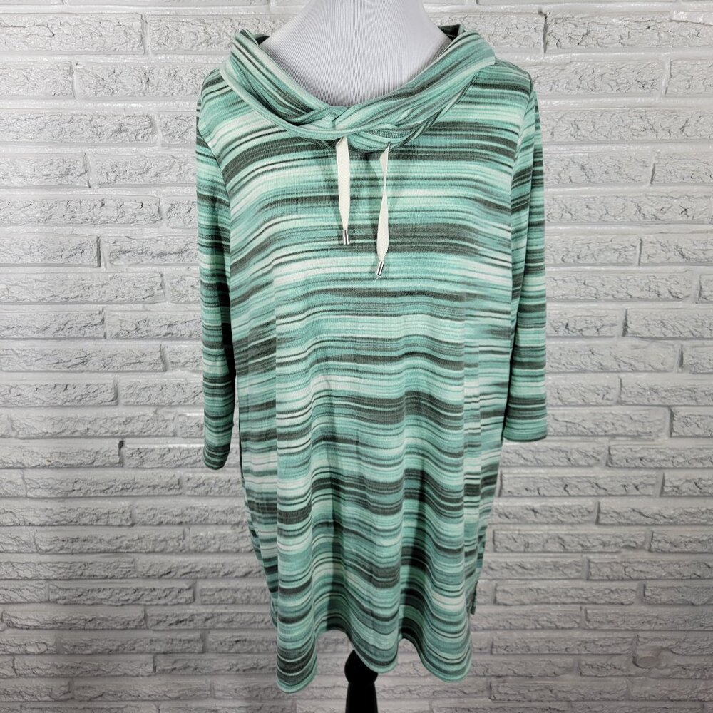 Denim & Co 1X Green Gray Striped Cowl Neck Tunic 3/4 Sleeve Drawstring STR194E